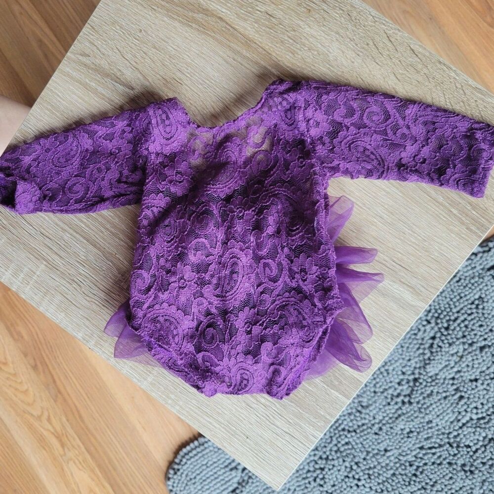 Newborn Photography Romper Purple Lace Infant Bodysuit Large Tulle Flower Prop